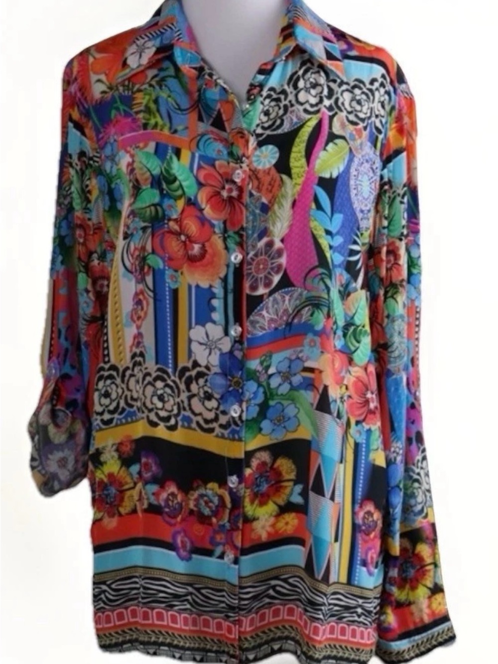 SHANA Vibrant Floral & Geometric Button-Down Shirt